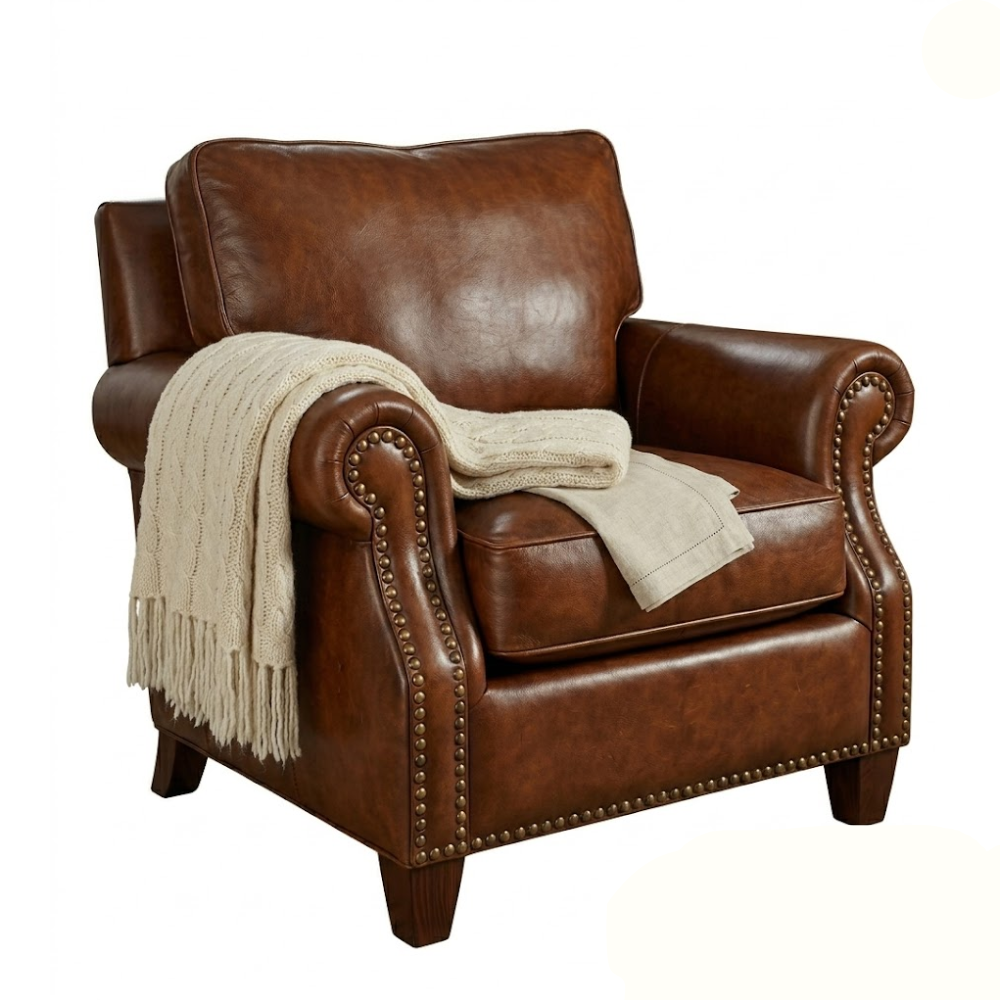 Comfortable Genuine Leather Single Armchair Classic Rolled Arm Accent Sofa with Nailhead Trim for Home Living Room Furniture