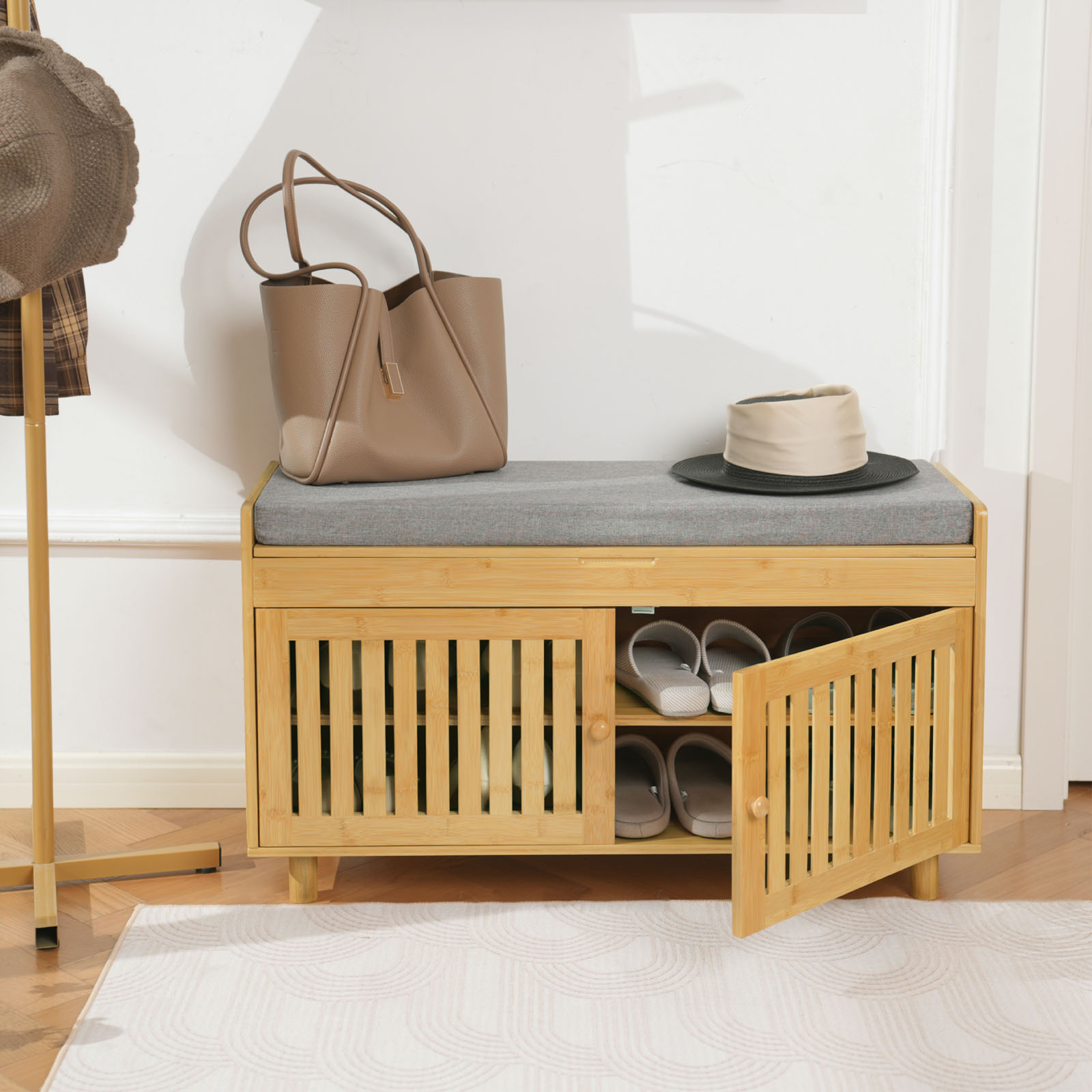 Factory Shoe Storage Bench Organizer Bamboo Entryway Bench with 2 Doors Padded Seat Cushion 2 Tier Shoe Rack Bench Shoe Cabinet