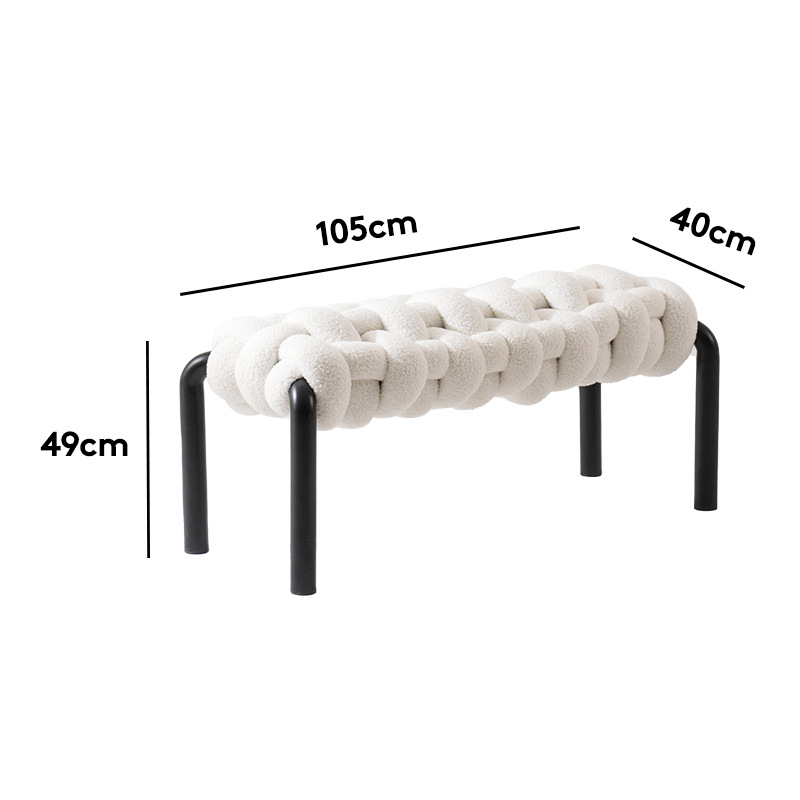 Durable White Boucle Hand-Knitted Bench with Black Iron Frame Modern Upholstered Entryway Bench for Bedroom Living Room