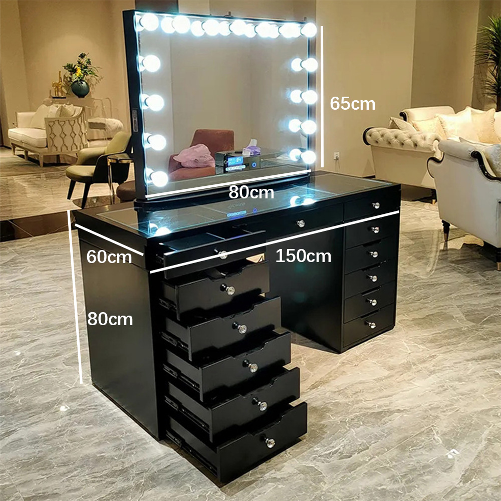 Wholesale Modern Dressing Table Glass Top Vanity Desk with LED Illuminated Mirror Storage Power Socket for Bedroom