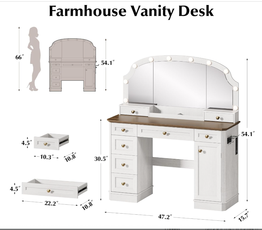 WemFeng ODM/OEM Rustic White Vanity Desk Mirror Lights 47'' 8 Drawers 1 Cabinet 2 Organizer Trays Large Dressing Table