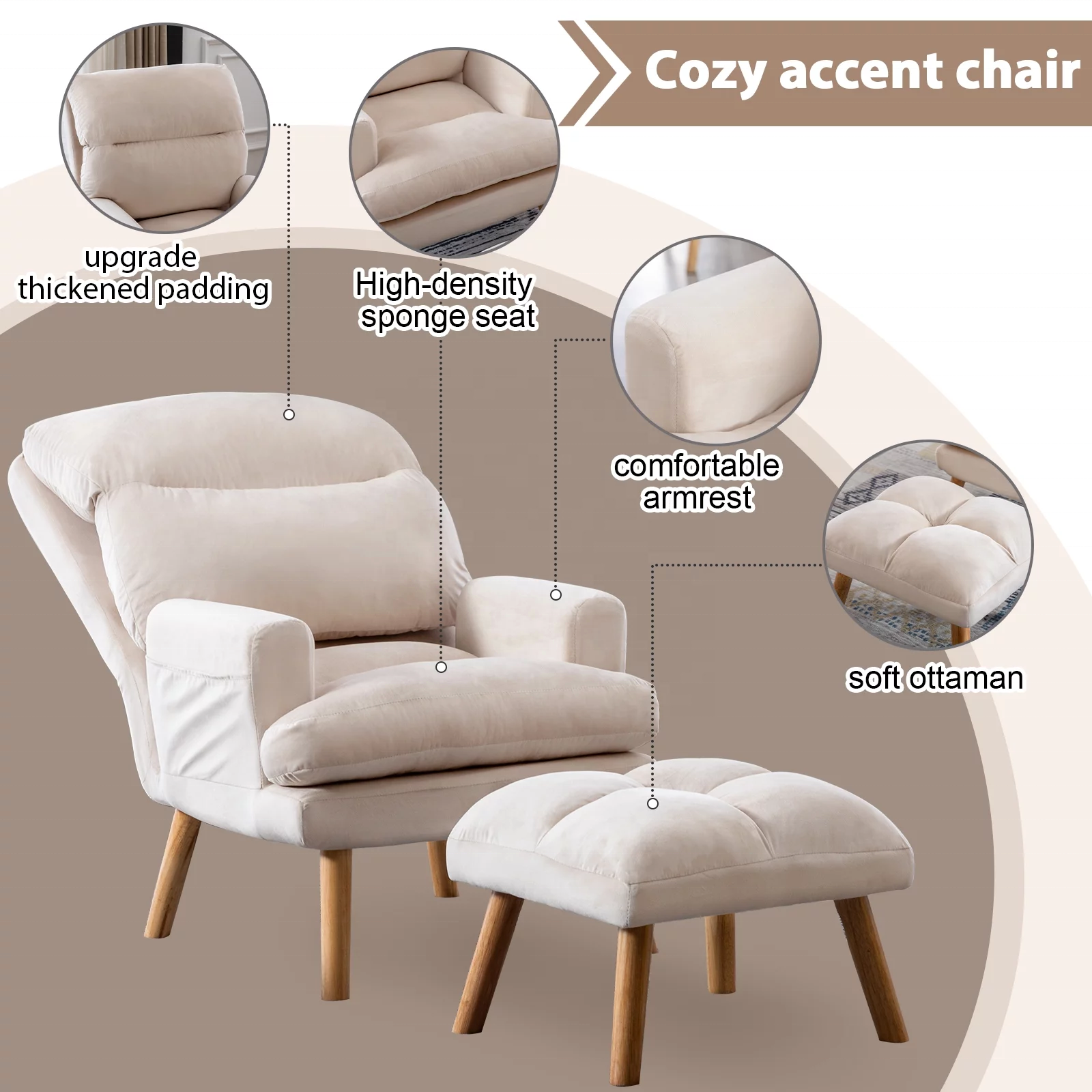 Modern Adjustable Mid century Living Room Furniture Velvet Fabric Arm Accent Lounge Wooden Chairs with Ottoman for Bedroom Sale