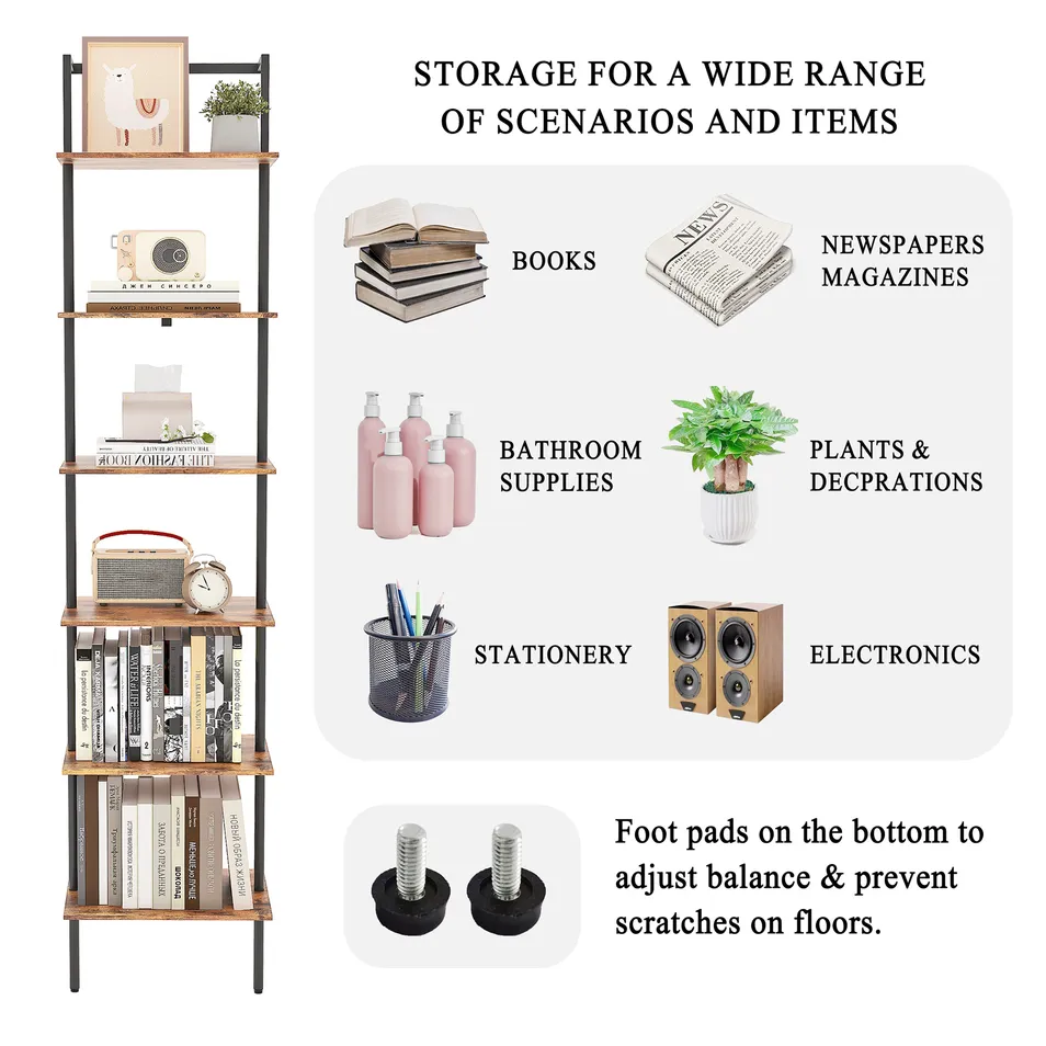 Ladder Shelf Wall-Mounted Design Tall Display Shelf Steel Wood Wall Bookshelf