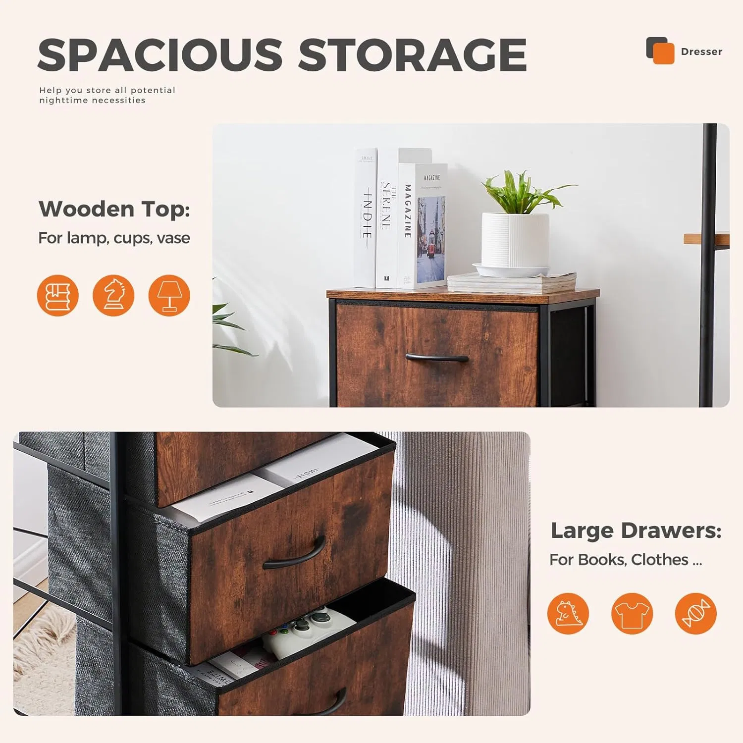 Dresser for Bedroom with 4 Storage Drawers Skinny Fabric Storage Chest of Drawers with Metal Frame Wooden Top for Living Room