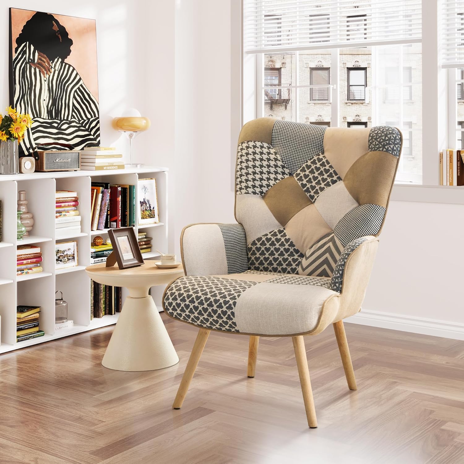 Modern High Back Square Armchair Memory Foam Colorful Patchwork Design Steel Frame Wood Finish Living Room Bedroom Dining Hotel