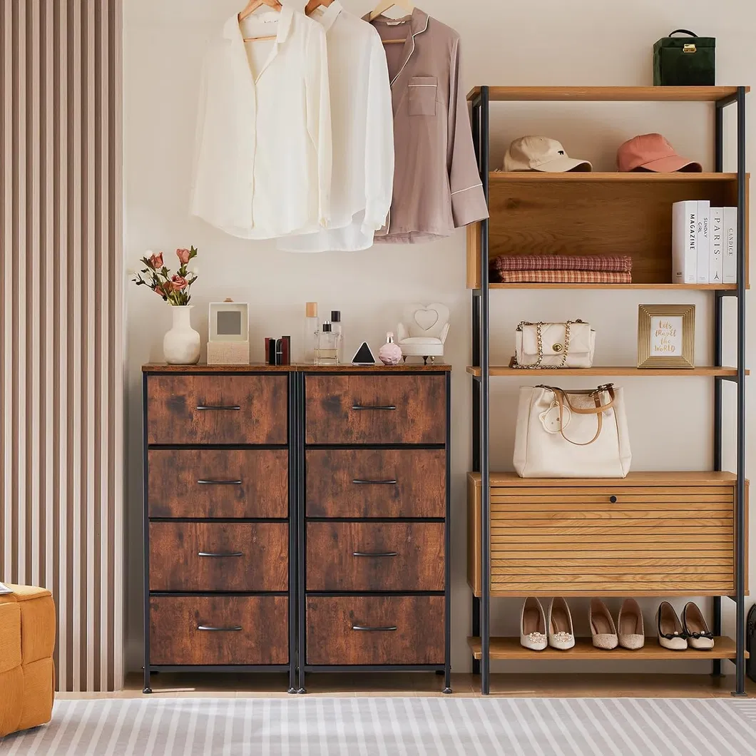 Dresser for Bedroom with 4 Storage Drawers Skinny Fabric Storage Chest of Drawers with Metal Frame Wooden Top for Living Room