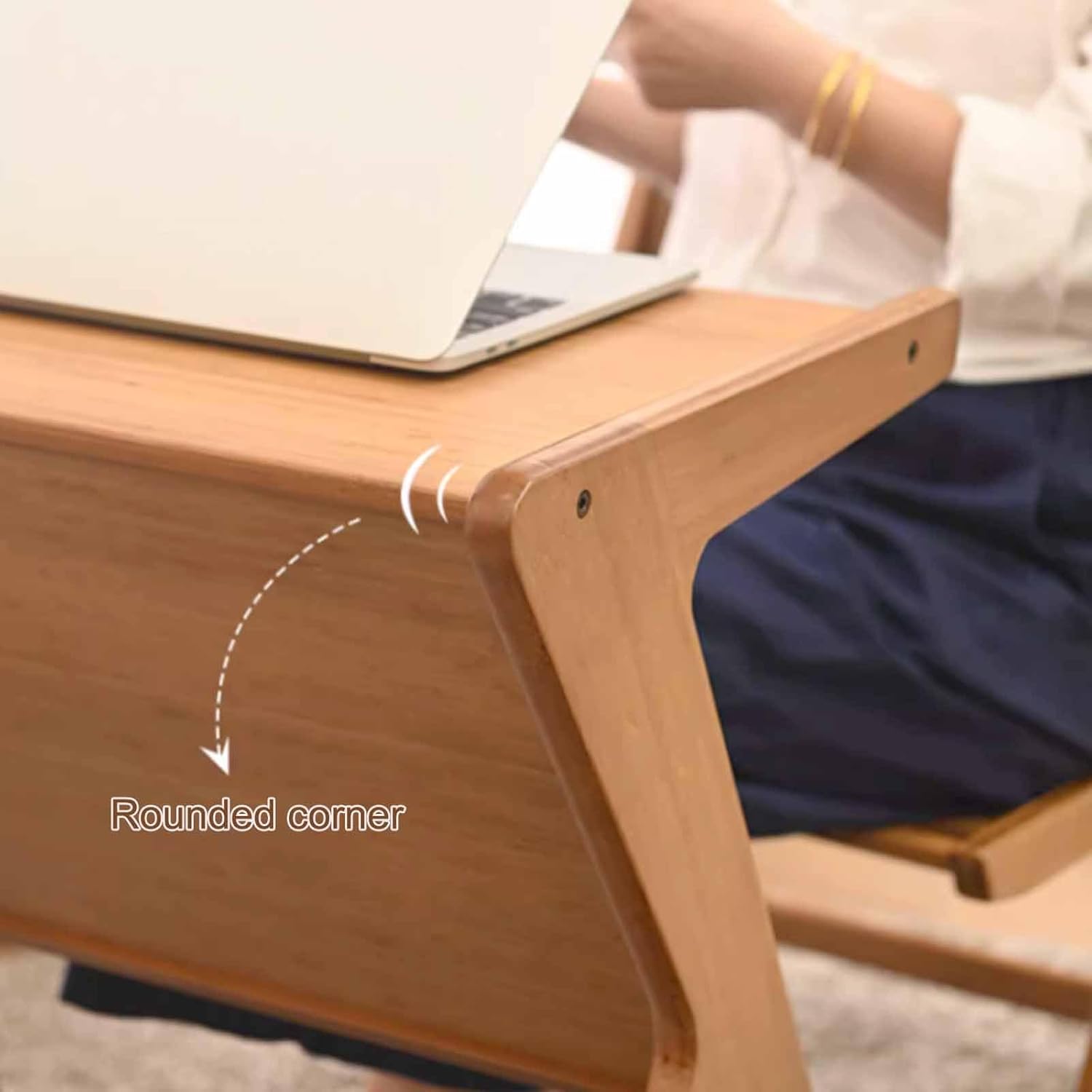 Custom Bamboo Z-shaped Side End Table with Wheels and Open Storage Shelf