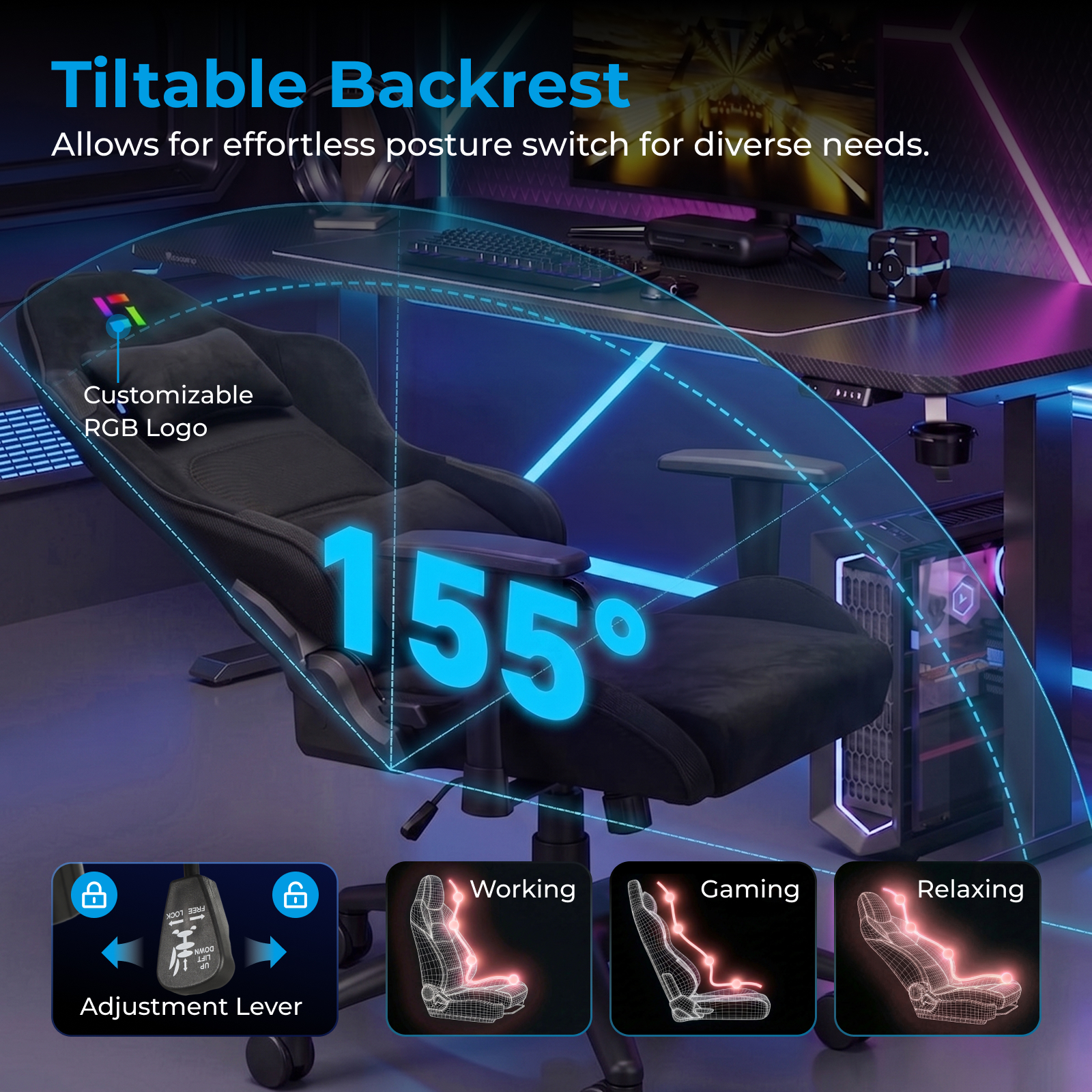 Ergonomic RGB Light Gaming Chair With Customizable Logo Adjustable 4 Gas Lift High Back 155 Degree Reclining Computer Seat