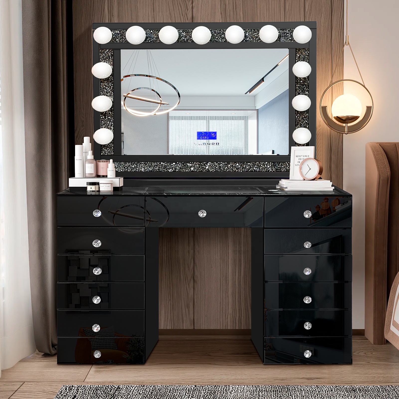 Top Seller Luxury White Mirrored Vanity Table with LED Makeup Mirror Set Mirrored Furniture Dressing Table Desk for Bedroom