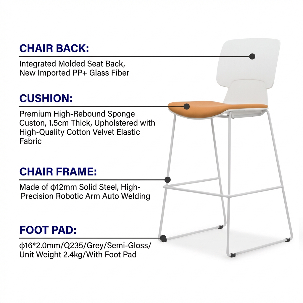 Modern High Bar Stool with Padded Seat, Plastic Backrest and Steel Frame for Kitchen Island, Bar Counter, and Cafe Use