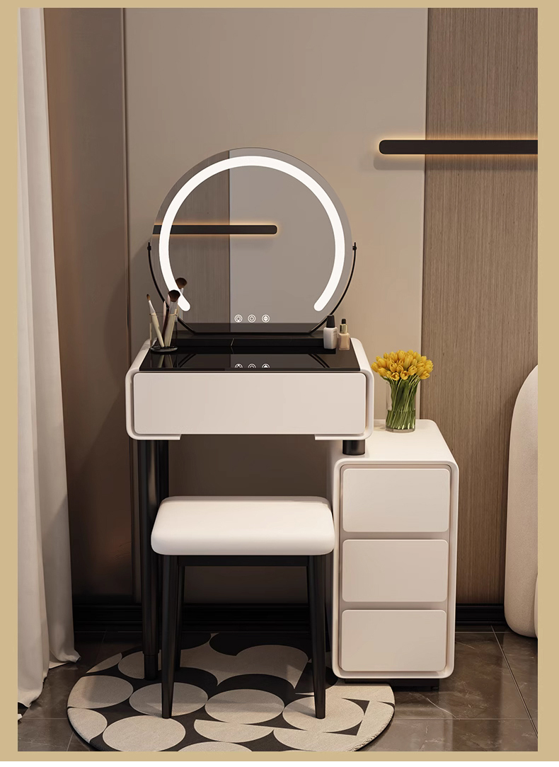 Modern Luxury Design 60cm Dressing Table with LED Mirror Cream Wooden Makeup Cabinet Small Apartment Master Bedroom School Use