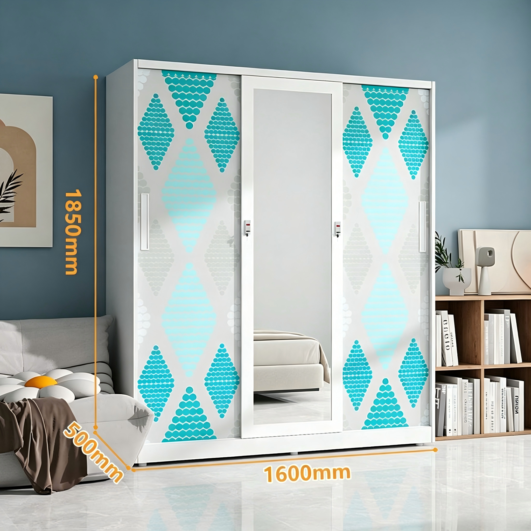 Metal Wardrobe for Clothes Modern 3-Door Sliding Wardrobe with Central Mirror for Bedroom Organization