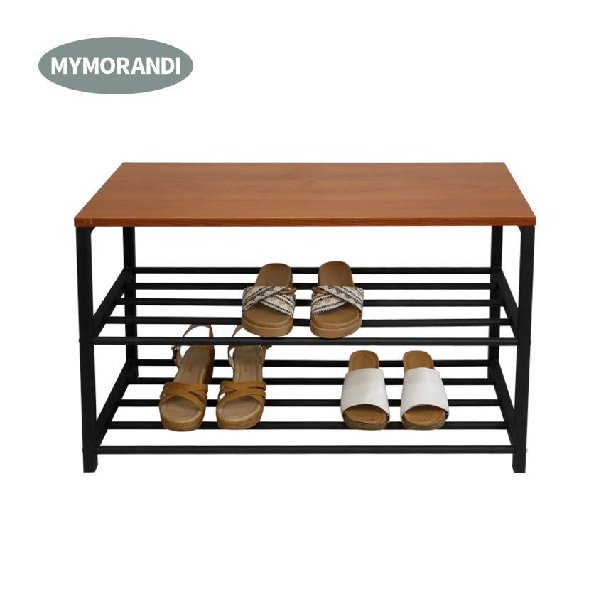3 Tiers Modern Solid Wood Shoe Rack Metal Shelf Shoe Bench for Entryway