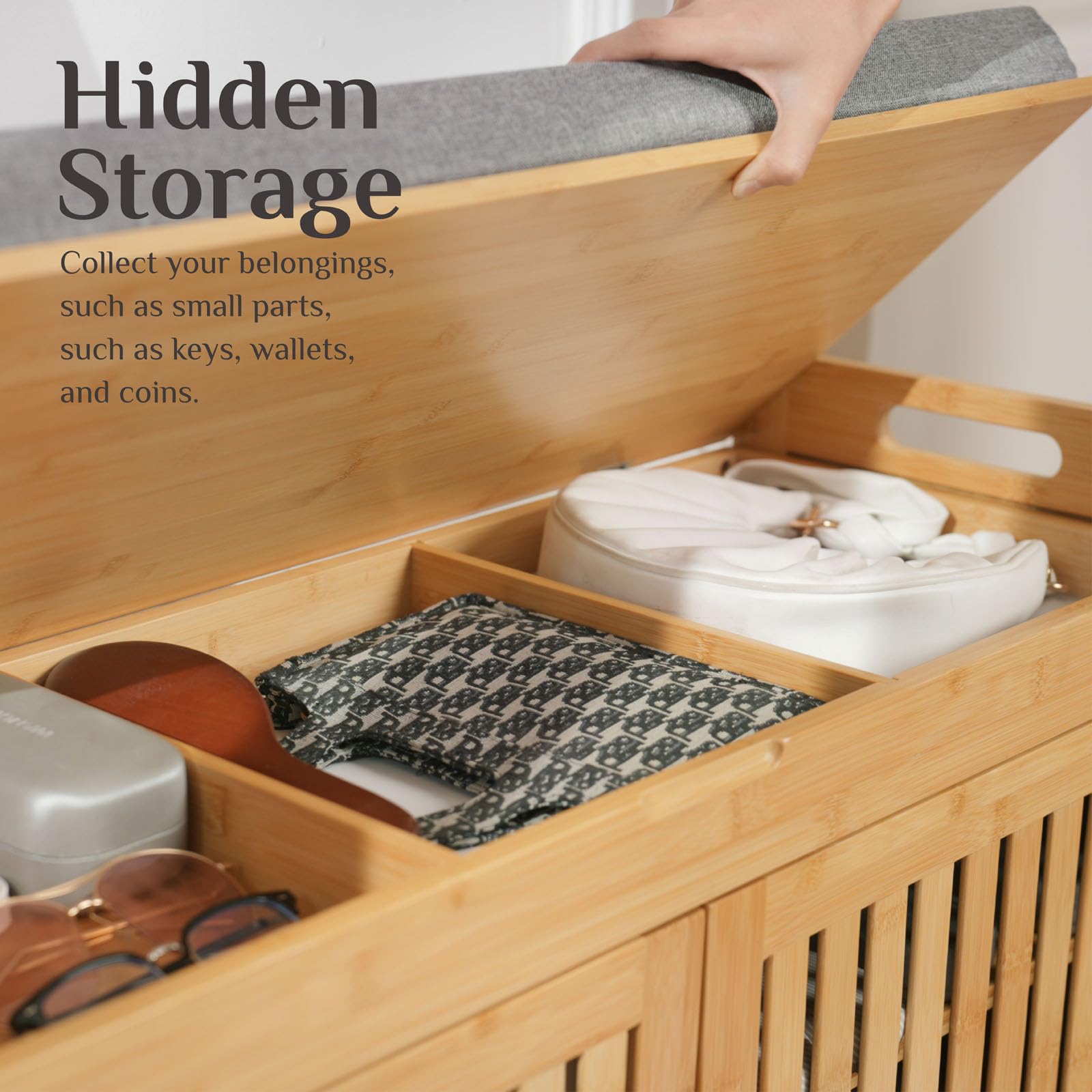 Factory Shoe Storage Bench Organizer Bamboo Entryway Bench with 2 Doors Padded Seat Cushion 2 Tier Shoe Rack Bench Shoe Cabinet