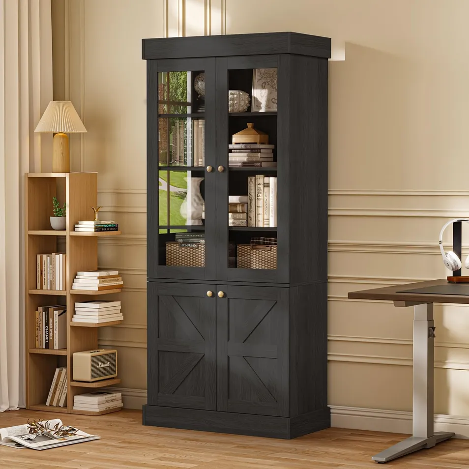 Space-Efficient Solid Wood Display Cabinet with Dual-Access Storage & Open Shelf Top for Entryway Display