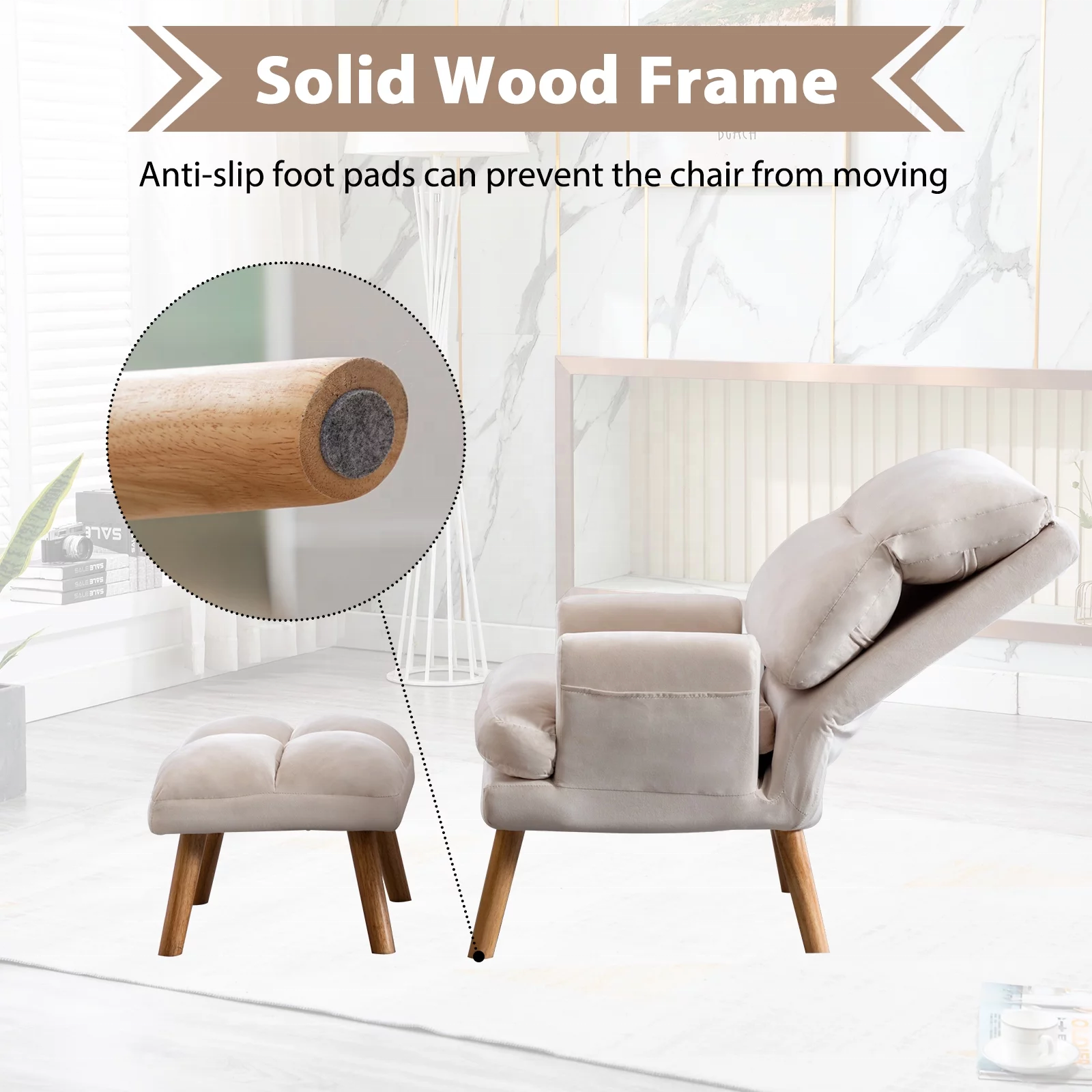 Modern Adjustable Mid century Living Room Furniture Velvet Fabric Arm Accent Lounge Wooden Chairs with Ottoman for Bedroom Sale