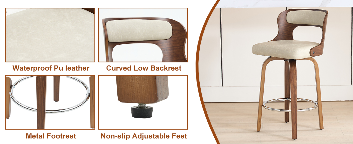 PU Synthetic Leather Modern Eco-Friendly Bar Stools Counter High Chair Swivel Bent Wood Adjustable Dining Kitchen Living Room