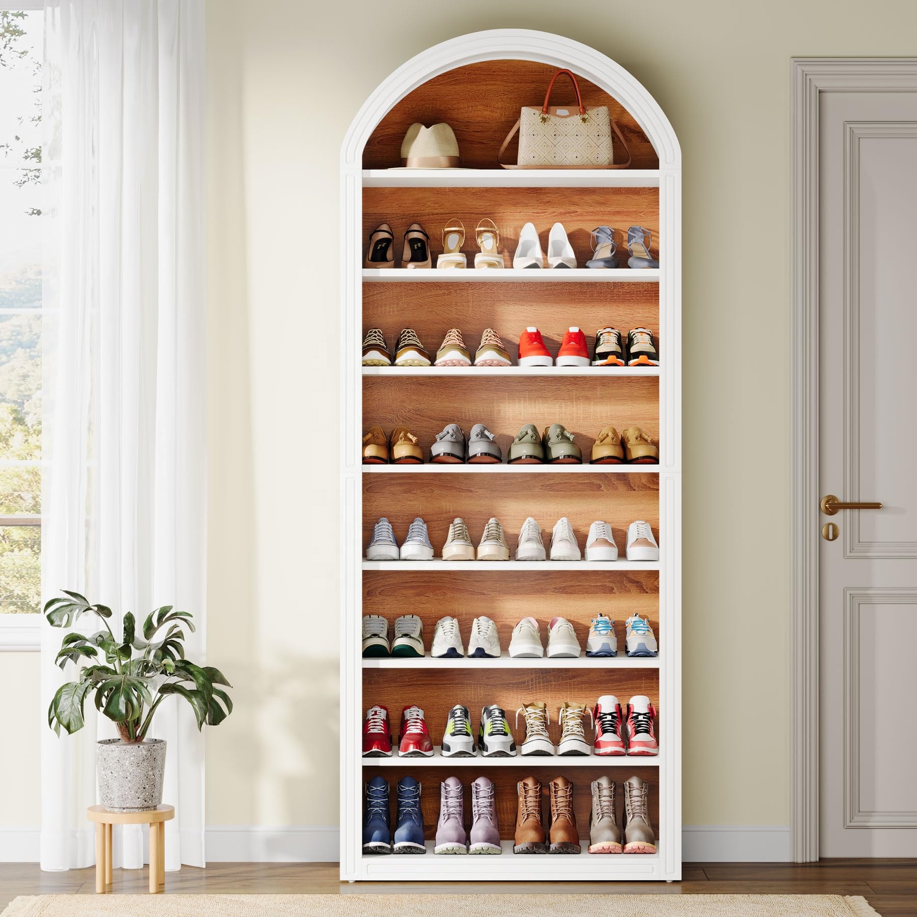 Tall Arched 8-Tier Farmhouse Modern Wooden Shoe Storage Cabinet Freestanding White Convertible Home Furniture for Living Room