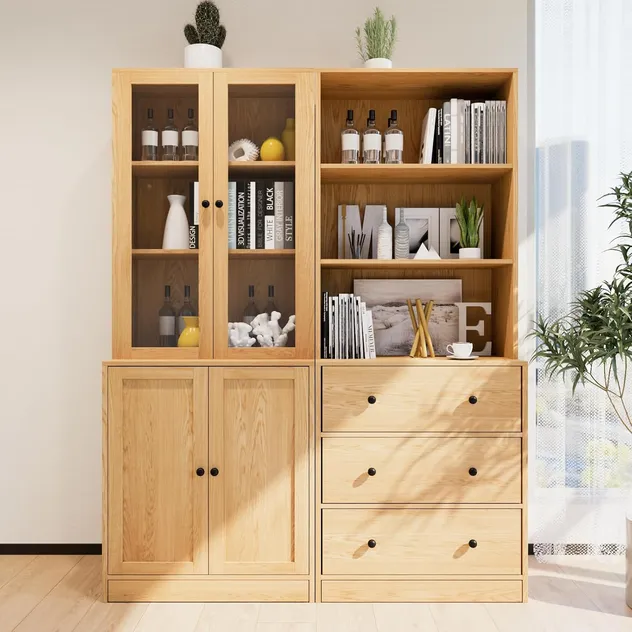 Space-Efficient Solid Wood Display Cabinet with Dual-Access Storage & Open Shelf Top for Entryway Display