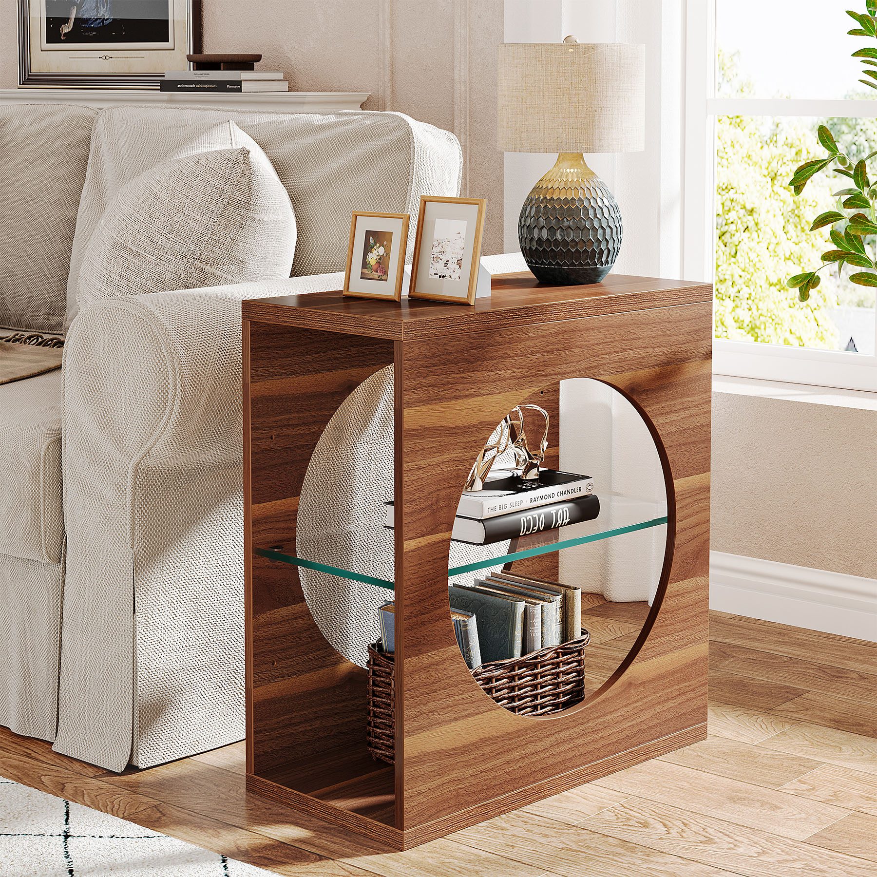 Tribesignss Modern End Table Living Room, 3-Tier Skinny Narrow Sofa Side Table with Adjustable Tempered Glass Storage Shelf