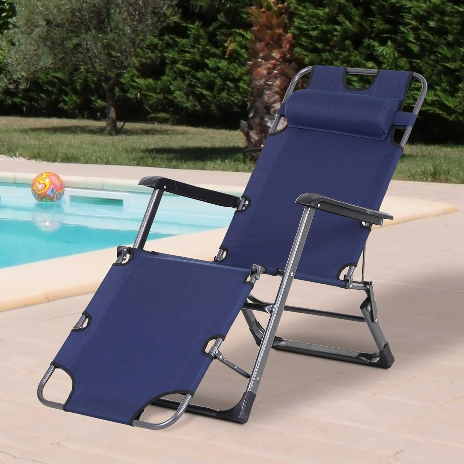 Modern Iron Folding Chaise Lounge Chair Garden Chair Adjustable Backrest Ergonomic Outdoor Pool Beach Patio Lawn Deck Navy