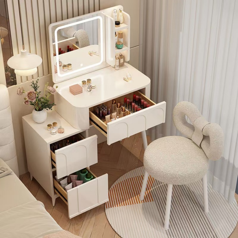 Smart Modern Multi-functional Princess Dressing Makeup Table Side Cabinet Vanity LED Touch Metal Wooden Optional Color China