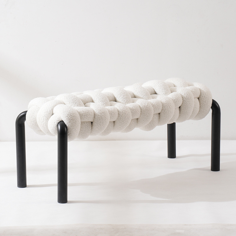Durable White Boucle Hand-Knitted Bench with Black Iron Frame Modern Upholstered Entryway Bench for Bedroom Living Room