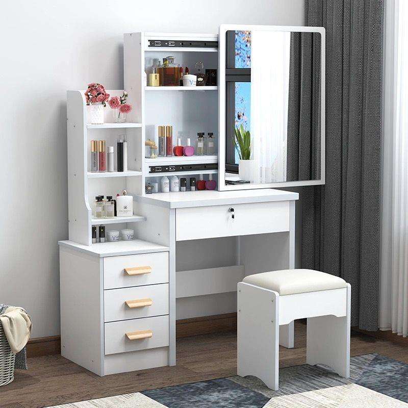 Modern Bedroom Wooden Tocador Vanity Dressing Table with Sliding Doors Lighted Mirror Foldable Design Removable Drawers