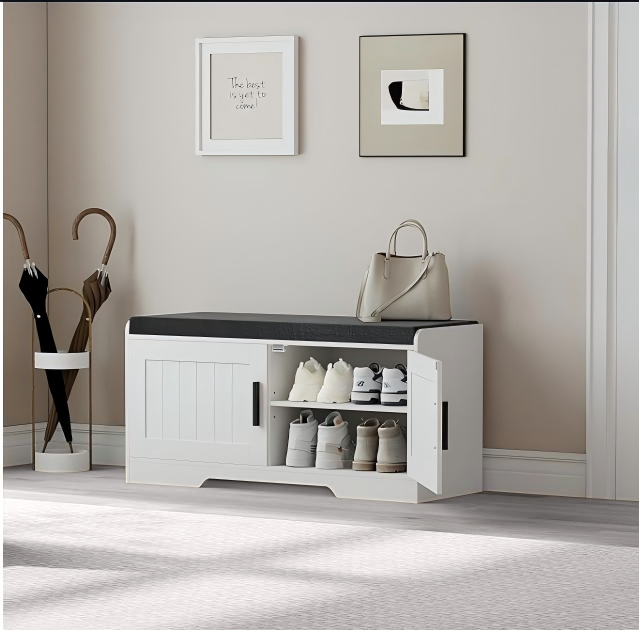 Entryway Shoe Bench with Storage, White Farmhouse Shoe Storage Bench with Padded Seat &amp; Cabinet Doors