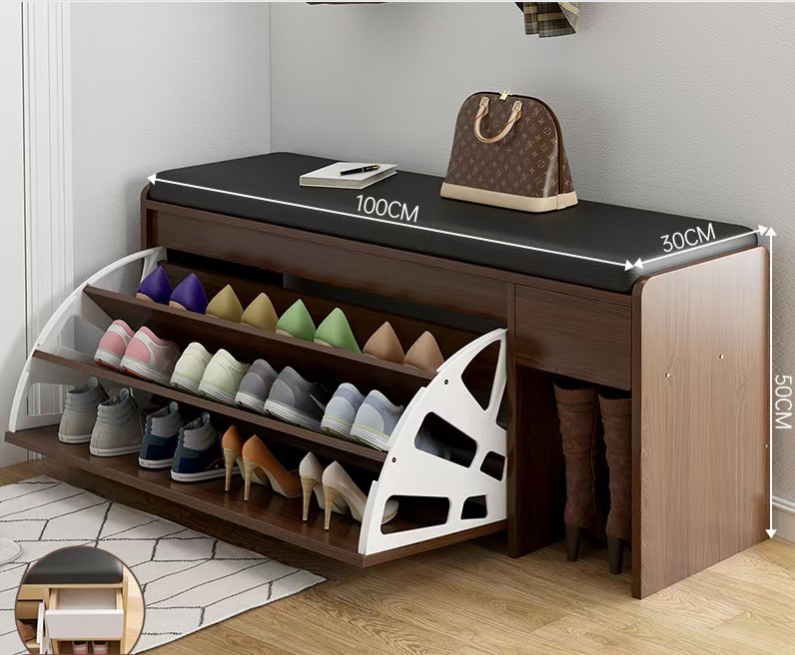 Hanyee 2026 Modern Decorative Bamboo Leather Shoe Storage Bench Simple Style Entrance Area Shoe Cabinet Home Furniture