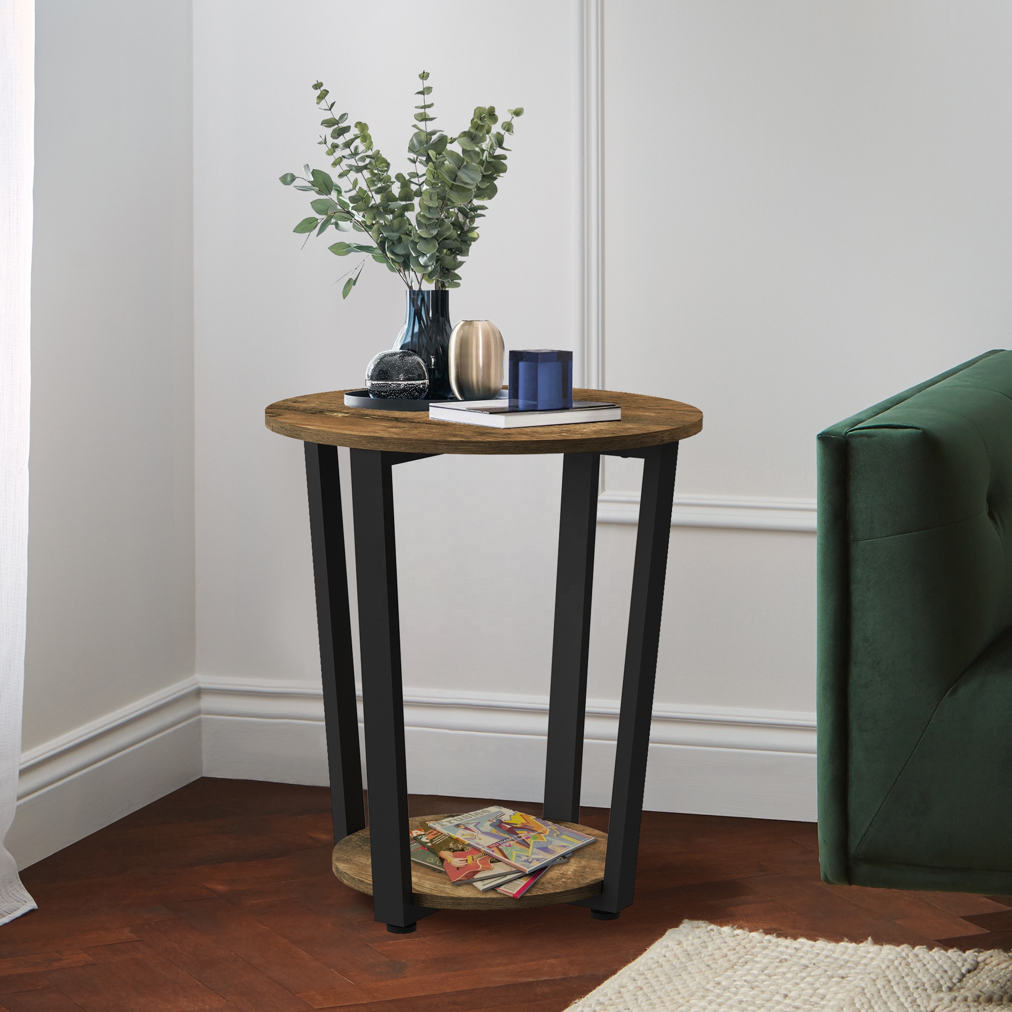 Side Table Small End Table: Round-Shaped Sofa Table with Metal Frame for Living Room, Bedroom, Small Spaces