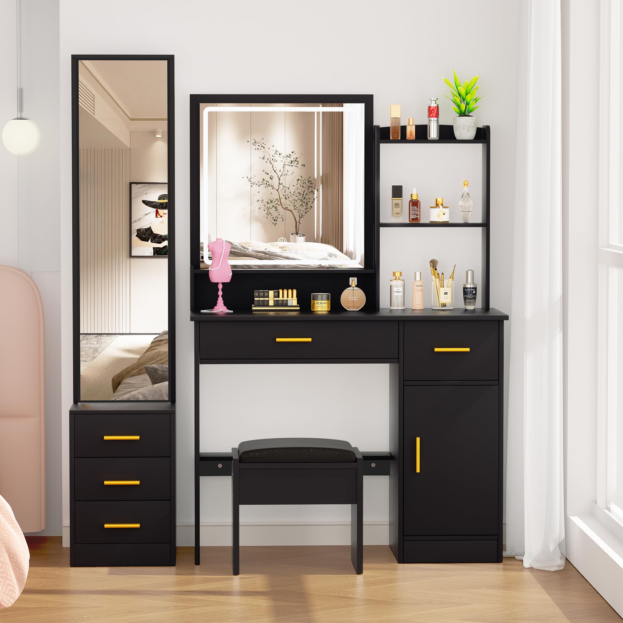 Wood Make-Up Vanity Dressing Table 2 Colors Bedroom Furniture Mini Vanity Desk With Round Mirror Desk and Cushioned Stool Set