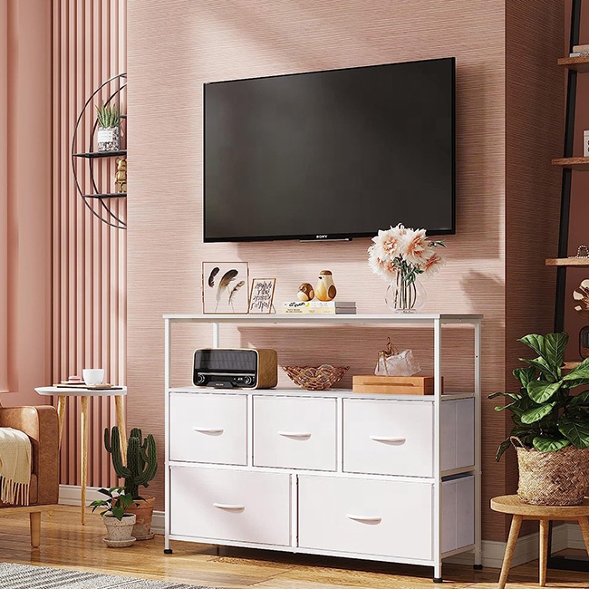 Modern TV Stand Living Room Dresser TV Stand Entertainment Center with Fabric Drawers Media Console Table with Open Shelves