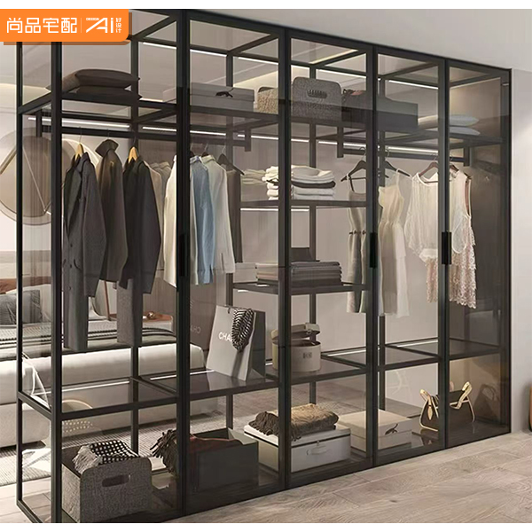 Luxury Contemporary Metal Glass Wardrobe with Backlit LED Strip Extendable Customizable Size and Material