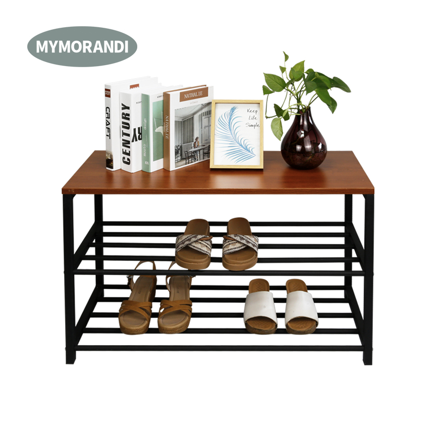 3 Tiers Modern Solid Wood Shoe Rack Metal Shelf Shoe Bench for Entryway