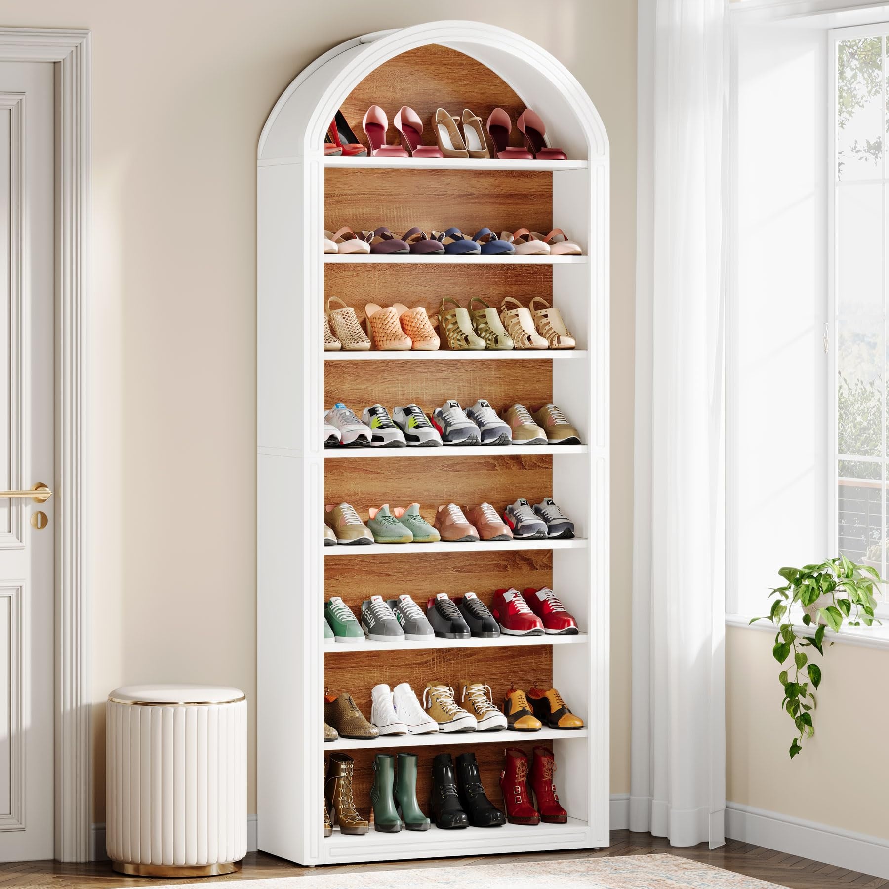 Tall Arched 8-Tier Farmhouse Modern Wooden Shoe Storage Cabinet Freestanding White Convertible Home Furniture for Living Room