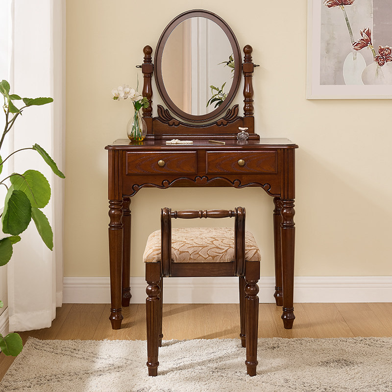 Vintage Solid Wood Vanity Dressing Table Set, Adjustable Oval Swivel Mirror Two Drawer Storage Carved Wood Makeup Desk Retro