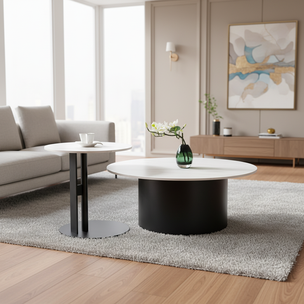 Italian Modern Minimalist Style Glossy White Sintered Stone Durable Coffee Table Set Living Room Luxury End Table