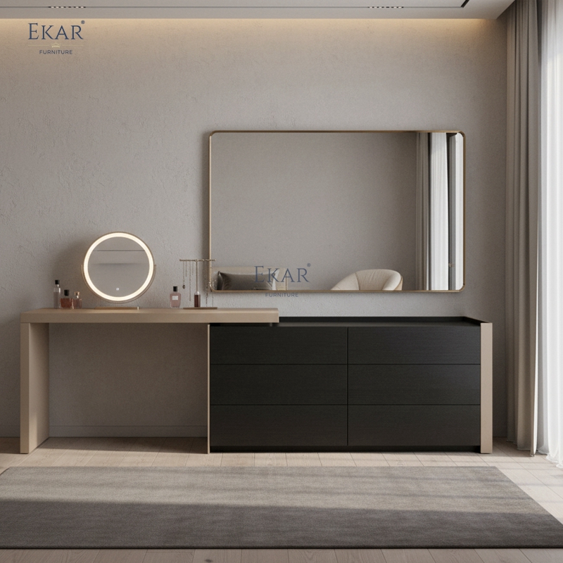 Wholesale Modern Bedroom Furniture Wooden Dressing Table with Round Mirror Storage Drawers Makeup Vanity Set OEM ODM