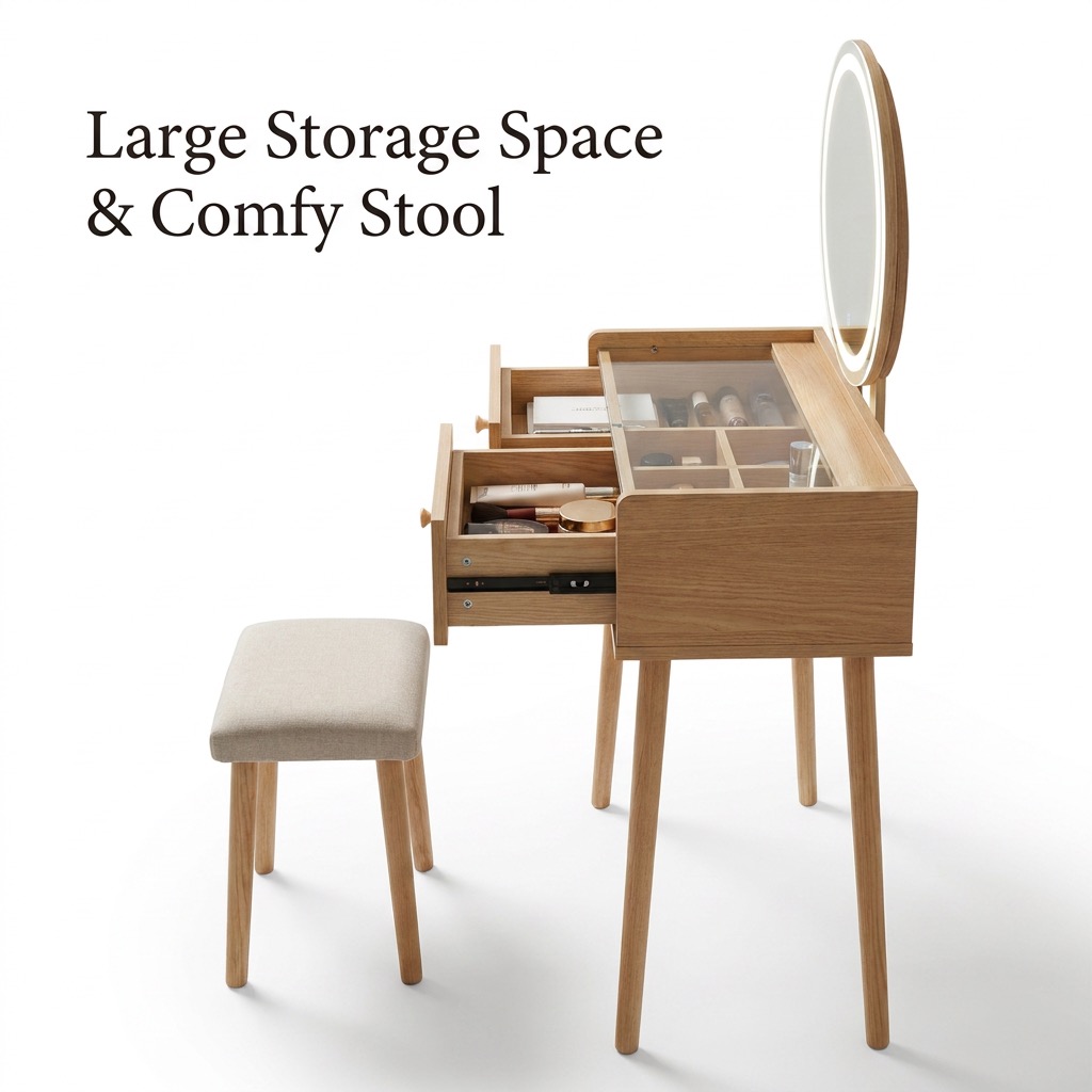 Modern Nordic Wooden Makeup Vanity Table with LED Mirror and Stool Minimalist Japandi Dressing Desk with Drawers