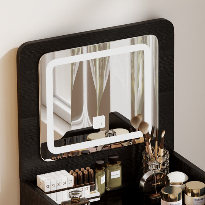 High-End Black Bedroom Vanity Table-Flip-Top Bedside Makeup Desk with LED Lights, Multi-Functional Storage Cabinet Apartment