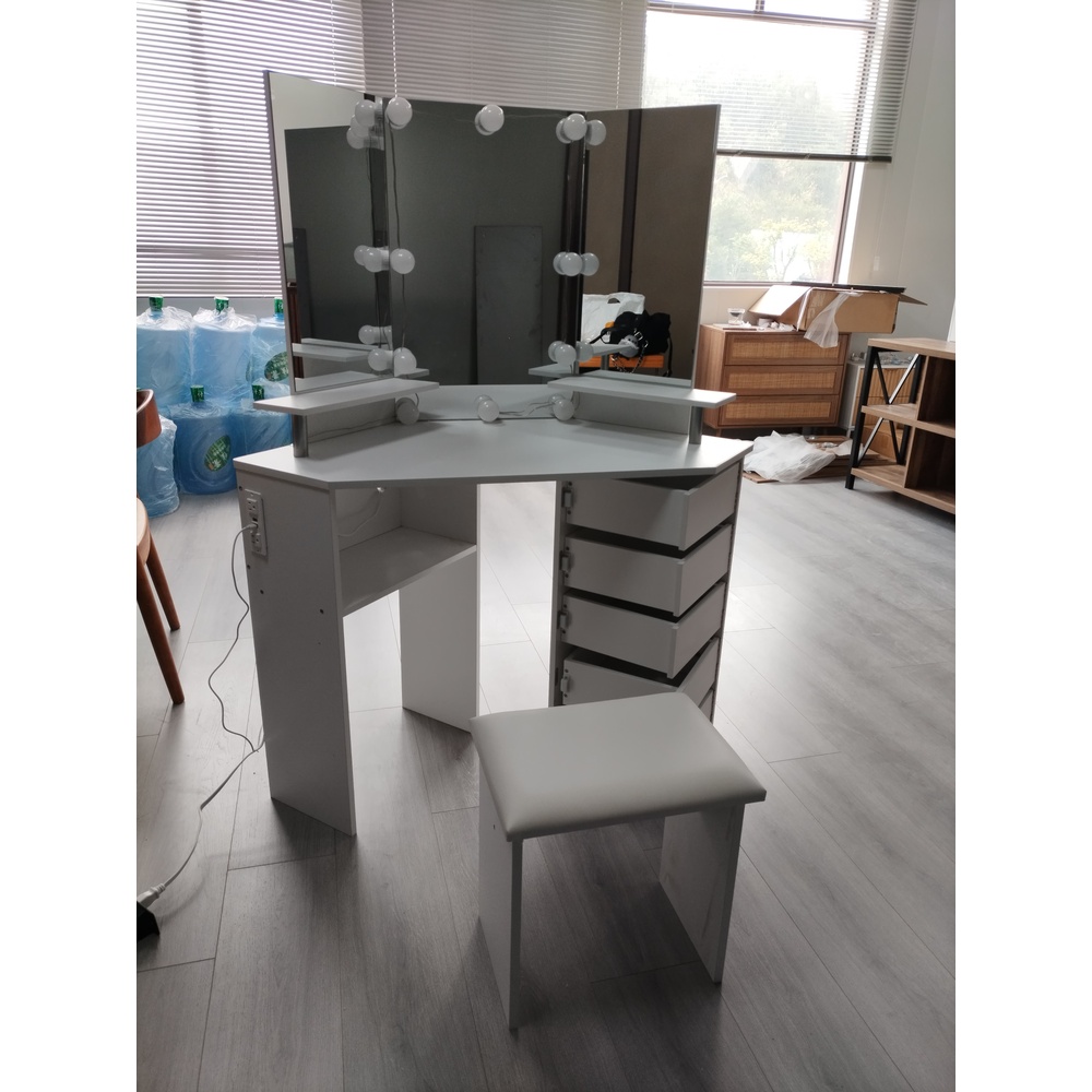 OEM/ODM Custom Wood Vanity Desk Makeup Table with Mirror Adjustable Lighting and Power Outlet