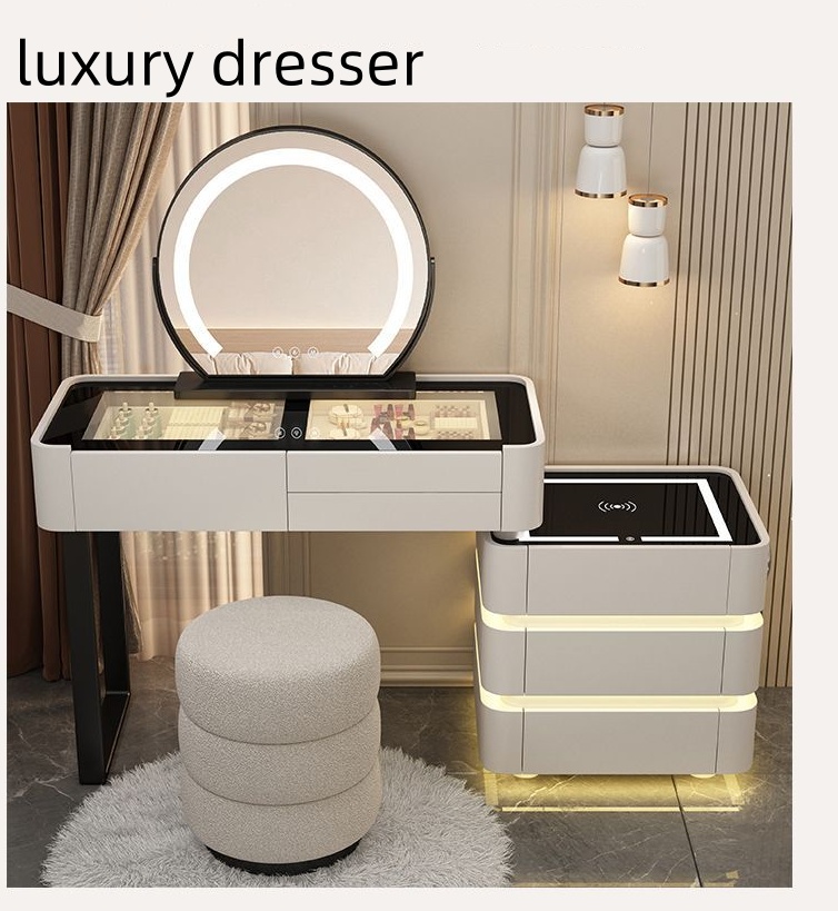 Hot Modern Lighted Adjustable Extendable Bedroom Vanity Makeup Dresser with 3 Colors LED Mirror Smart Dressing Table Glass Top