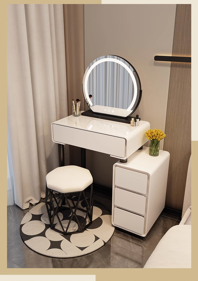 Modern Luxury Design 60cm Dressing Table with LED Mirror Cream Wooden Makeup Cabinet Small Apartment Master Bedroom School Use