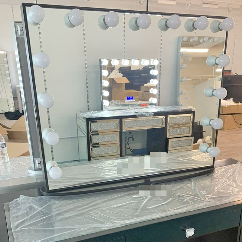 Wholesale Modern Dressing Table Glass Top Vanity Desk with LED Illuminated Mirror Storage Power Socket for Bedroom
