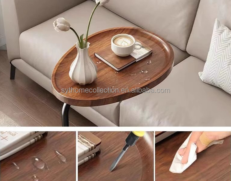 Ready Stock Round Tray Snack Stand Table, MDF Wood Look Top Metal C Frame Slide-in End Table for Sofa Tea Corner