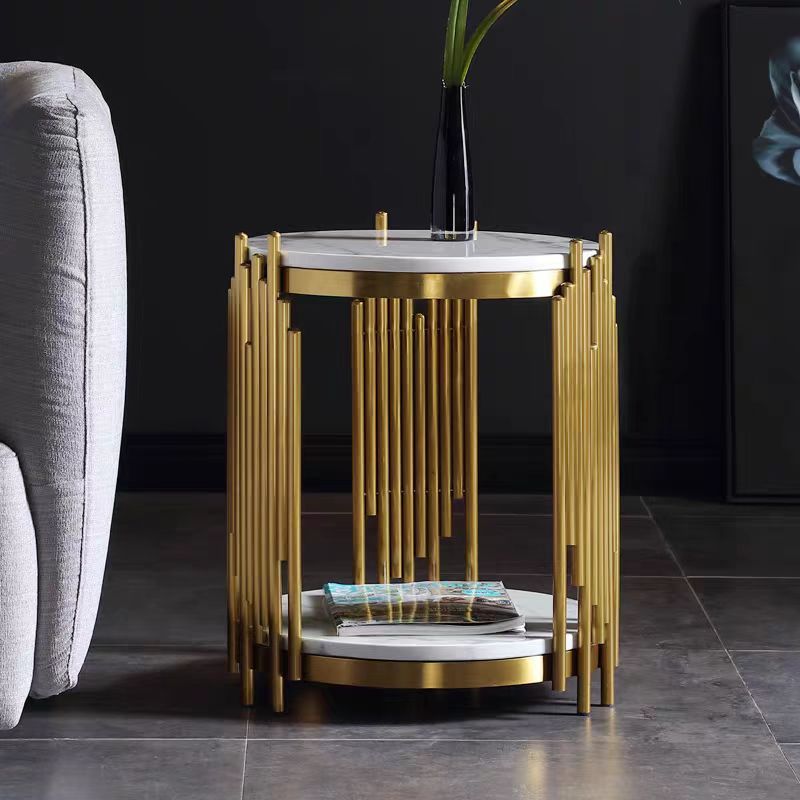Side Tables for Living Room Luxury Small Golden Round Coffee Table Marble Sofa Side Double Layered Home Bedroom Bed Side Table