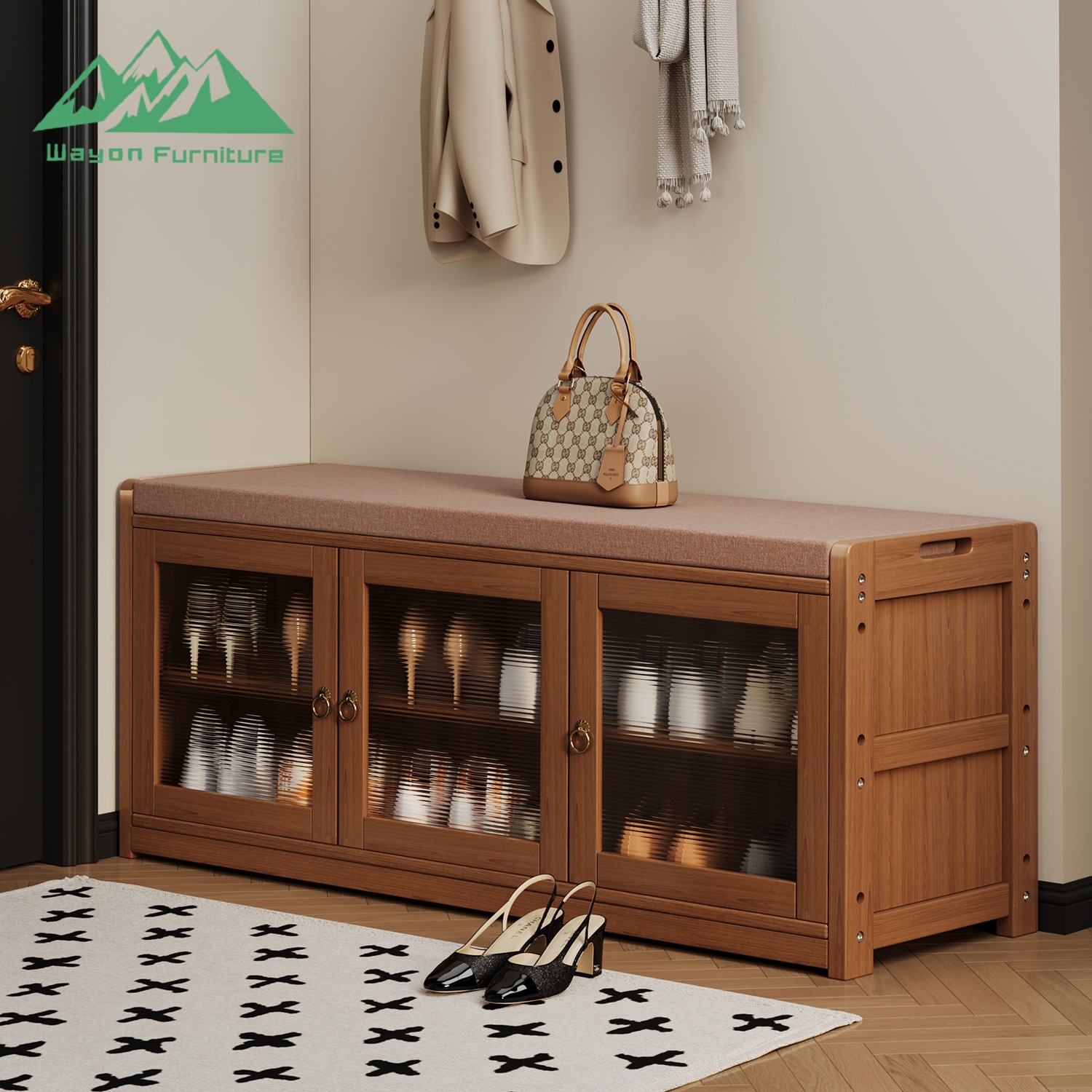 Wayon Modern Bamboo Shoe Cabinet with Padded Bench Seat Louvered Door Organizer for Entryway