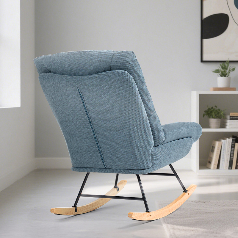 Comfy Light Blue Rocking Chair with Black Metal Frame and Wooden Rockers Living Room Lounge Chair Furniture for Bedroom