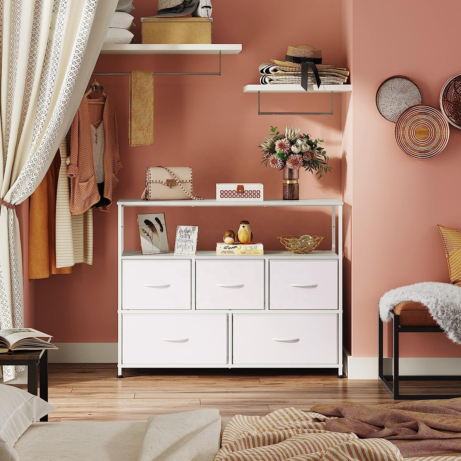 Modern TV Stand Living Room Dresser TV Stand Entertainment Center with Fabric Drawers Media Console Table with Open Shelves